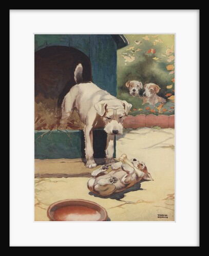 Illustration of dog looking at another dog holding bone by Anonymous