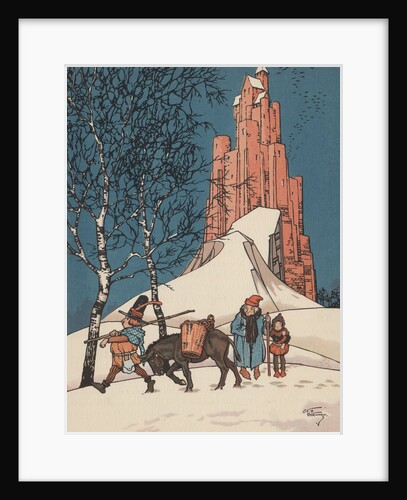 Illustration of man walking with donkey in snow by Anonymous