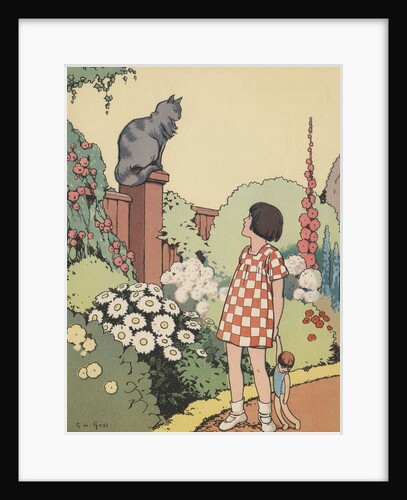 Illustration of girl looking at cat sitting on fence by Anonymous