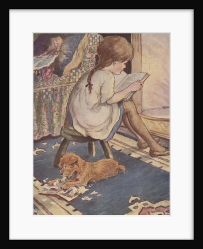 Illustration of puppy chewing up book while girl reads by Anonymous