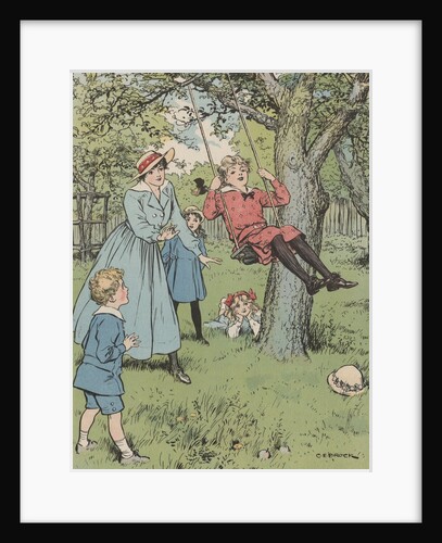 Illustration of children playing on swing by Anonymous