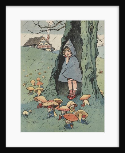 Illustration of girl watching goblins sitting under mushrooms by Anonymous