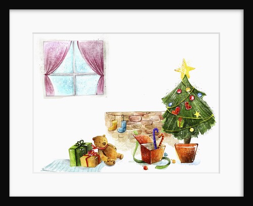 Christmas tree and present in room by Anonymous