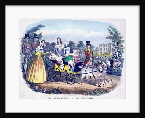Three of Queen Victoria's children excercising in a goat carriage. A liveried footman is leading the goats and other adults are seeing to their comfort and safety. Possibly in the gardens of Buckingham Palace (formerly Buckingham House). by Anonymous