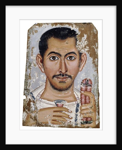 Fayum portrait of a man holding a small glass vessel and garland by Anonymous