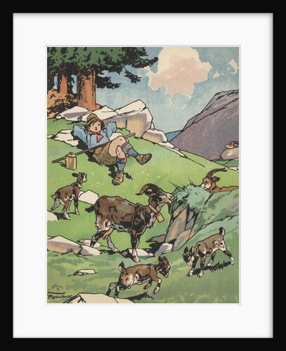 Goatherd resting near herd of goats by Anonymous