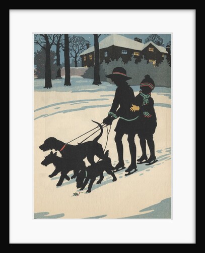 Children on ice skates pulled by dogs by Anonymous