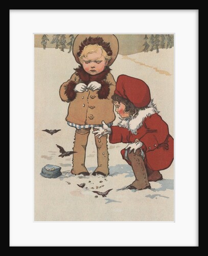 Children feeding birds in snow by Anonymous