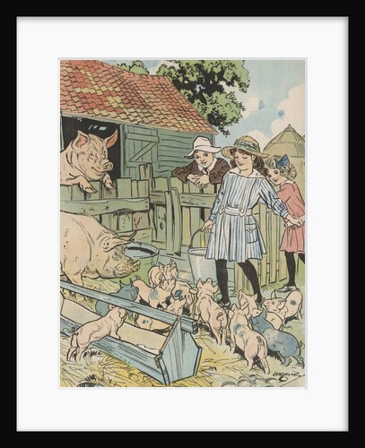 Children feeding pigs on farm by Anonymous