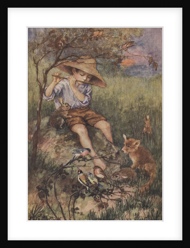 Animals listening to boy play flute by Anonymous