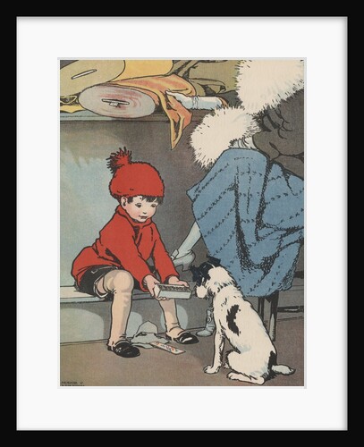 Boy showing box to dog by Anonymous