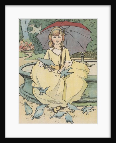 Girl feeding pigeons by Anonymous