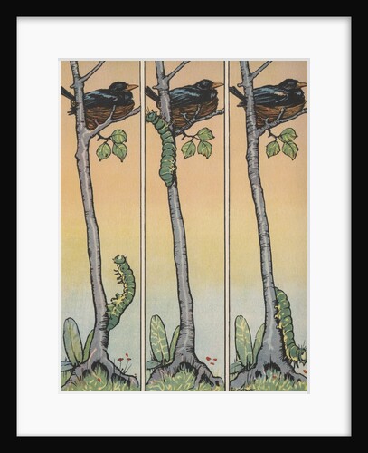 Caterpillar climbing tree with nesting bird by Anonymous