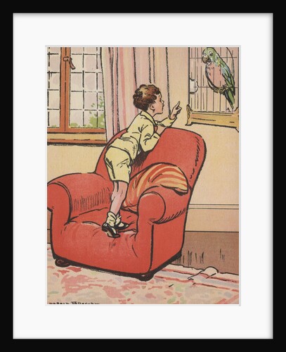 Boy talking to pet parrot by Anonymous