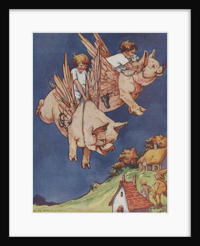 Children riding flying pigs by Anonymous