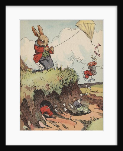 Rabbit and mice flying kite by Anonymous