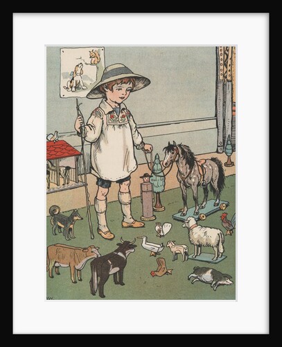Boy playing with toy farm animals by Anonymous