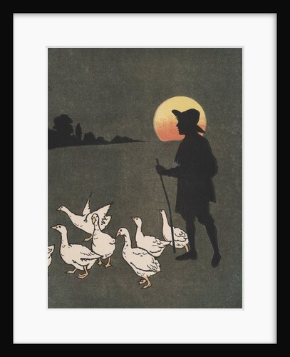 Boy hearding geese at sunset by Anonymous