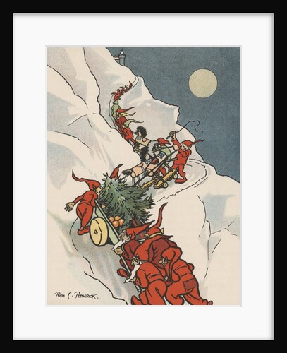Gnomes pulling Christmas tree up snowy mountain by Anonymous