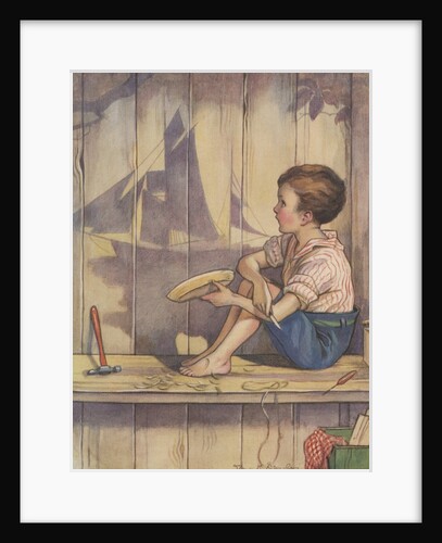 Boy carving wood ship by Anonymous