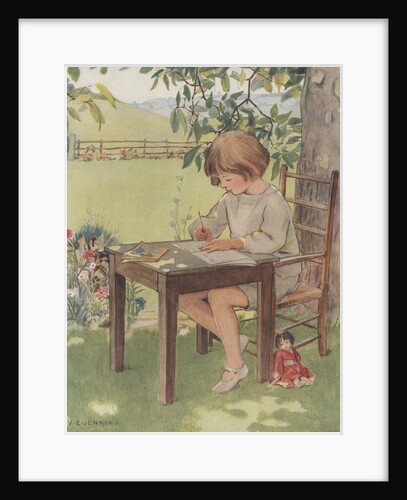 Child writing outdoors by Anonymous