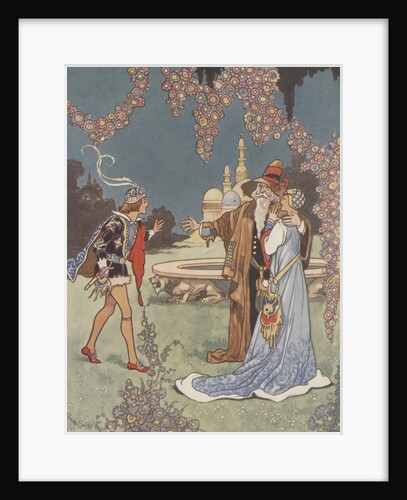 Princess with two men near fountain by Anonymous