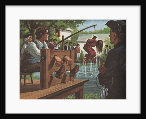 Man in stocks and woman being dunked in Puritan colony by Anonymous