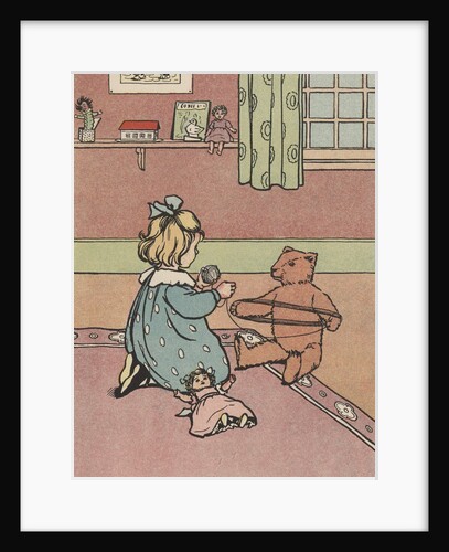 Girl winding yarn with teddy bear by Anonymous