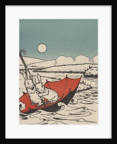Two rabbits floating on upside down umbrella by Anonymous