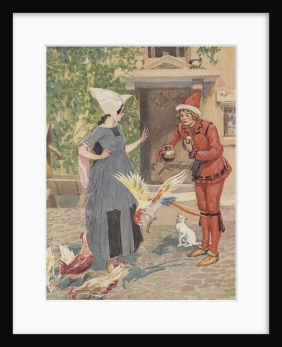 Young man and woman with chickens and cat by Anonymous