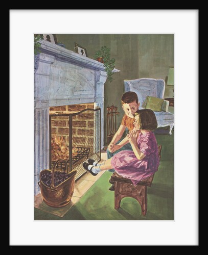 Children sitting in front of fireplace by Anonymous