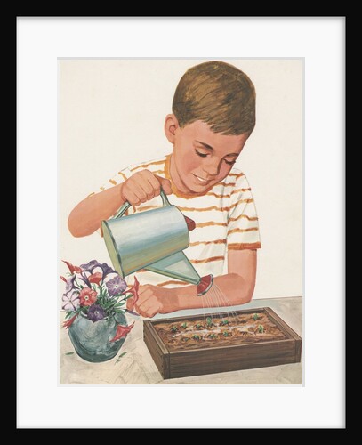 Boy watering plants by Anonymous