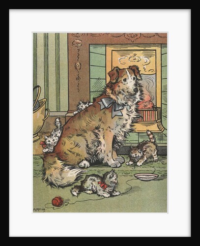 Kittens playing around dog by Anonymous