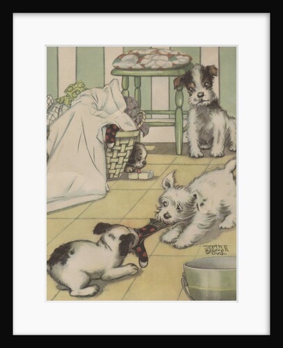 Puppies playing with laundry by Anonymous