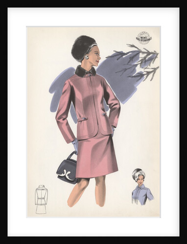 Model wearing fur-trimmed pink suit by Anonymous