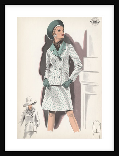 Model wearing green-trimmed suit by Anonymous