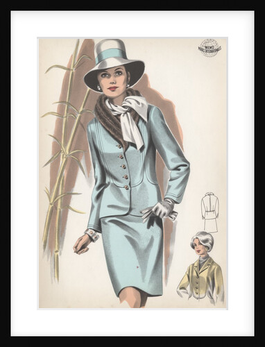 Model wearing fur-trimmed suit by Anonymous