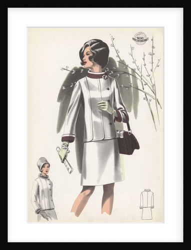 Model wearing suit with trim by Anonymous