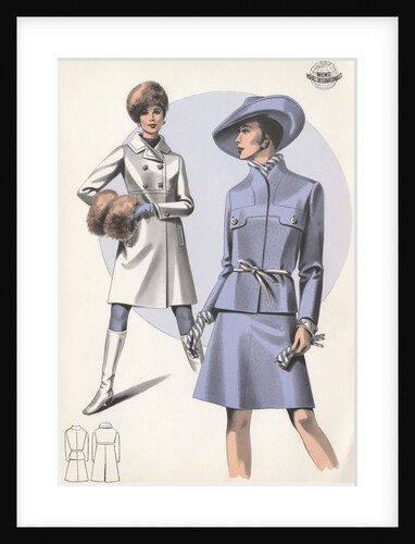 Models wearing coat and belted suit by Anonymous