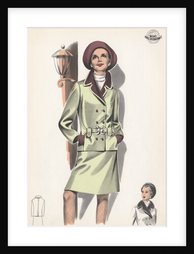 Model wearing belted suit by Anonymous