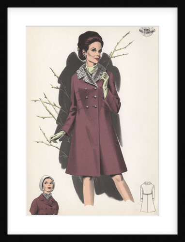 Model wearing coat with fur collar by Anonymous