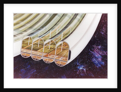 View of Bernal Sphere agricultural module (multiple toroids) with cutaway to expose interior by Anonymous