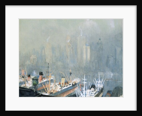 New York City Skyline from Brooklyn Harbor, Ships Docked in Foreground by Joseph Pennell