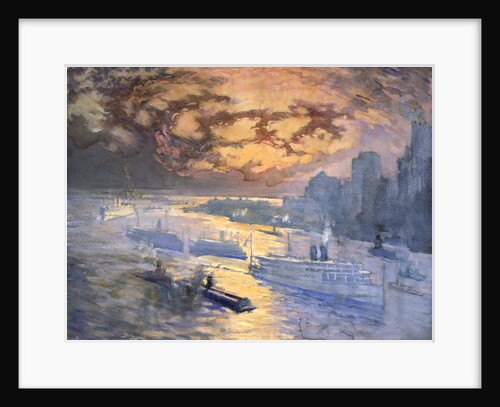 Reflective River (New York City: Ships on the East River, Statue of Liberty in the Distance) by Joseph Pennell