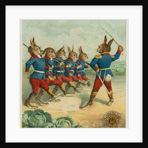 Advertisement with rabbit soldiers by Anonymous