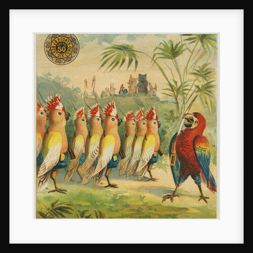 Advertisement with parrot soldiers by Anonymous