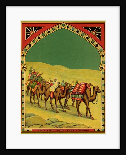 Czech English cotton label with caravan of camels by Anonymous