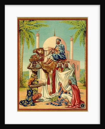 Czech English cotton label with caravan traders by Anonymous