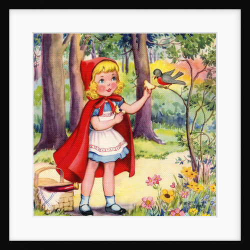 Little Red Riding Hood feeding robin by Anonymous