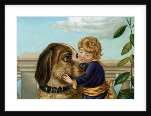 Boy hugging large dog by Anonymous